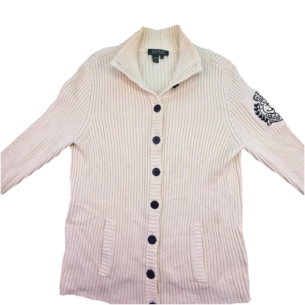 VTG Lauren Ralph Lauren Women's Size XL Ivory‎ Ribbed Cardigan Crest 100% Cotton - Picture 3 of 11